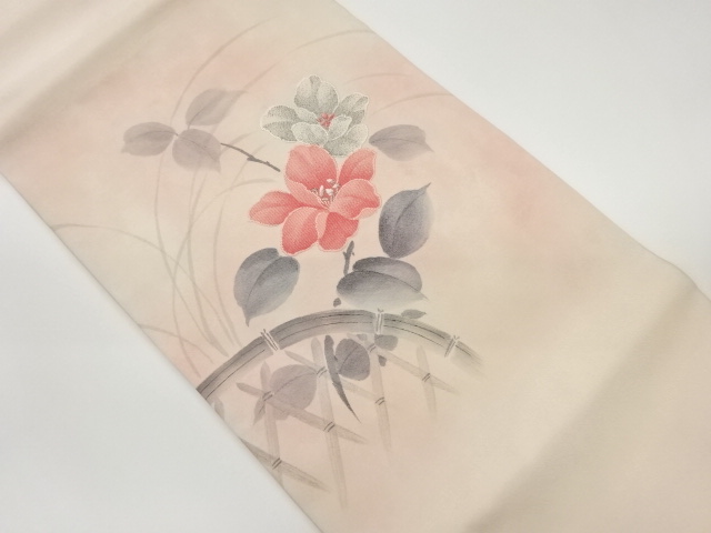 手描き蛇籠に花模様織出し名古屋帯